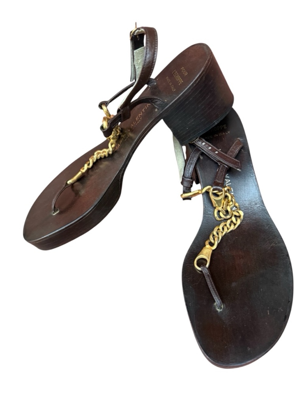 Mario Valentino Dark Brown Wood w/ Leather Gold Cuban T-Strap Sandals